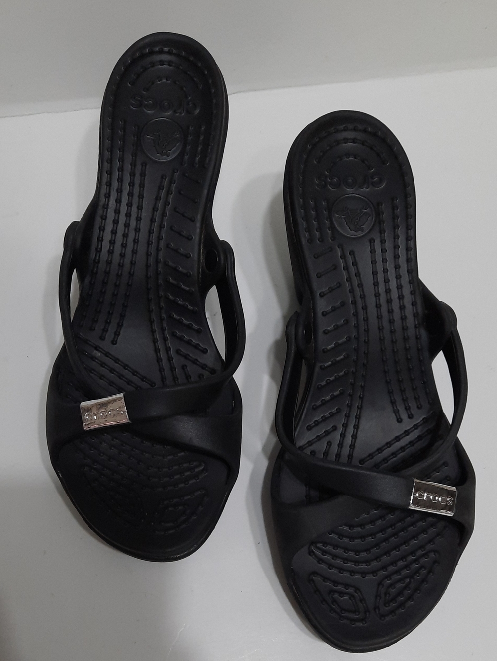 CROCS Women's Black Strappy Slide Sandals with Silver Accents